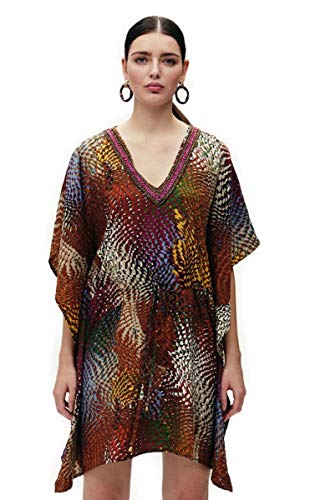 Lola Casademunt Vestido Corto Verano Mujer Kaftan Estampado Cálido Seda Cuello V Manga Francesa Túnica Protector Solar para Cubrir Bikini Moda Hippie Playa