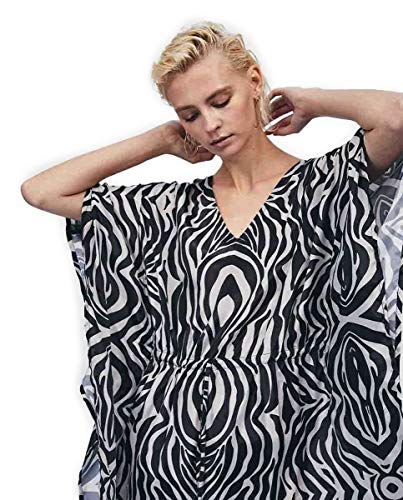 Lola Casademunt Vestido Corto Verano Mujer Kaftan Estampado Cebra Seda Cuello V Manga Francesa Protector Solar para Cubrir Bikini Moda Hippie Playa Talla U