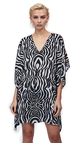 Lola Casademunt Vestido Corto Verano Mujer Kaftan Estampado Cebra Seda Cuello V Manga Francesa Protector Solar para Cubrir Bikini Moda Hippie Playa Talla U