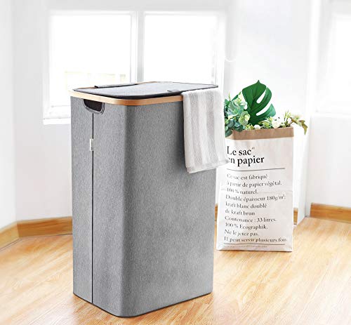 Lonbet® - Cesto Ropa Sucia con Tapa Gris - XXL 100 litros - Cubo Ropa Sucia Grande con Asas - Cesto para la Colada - Cesto Ropa Sucia de Bambú