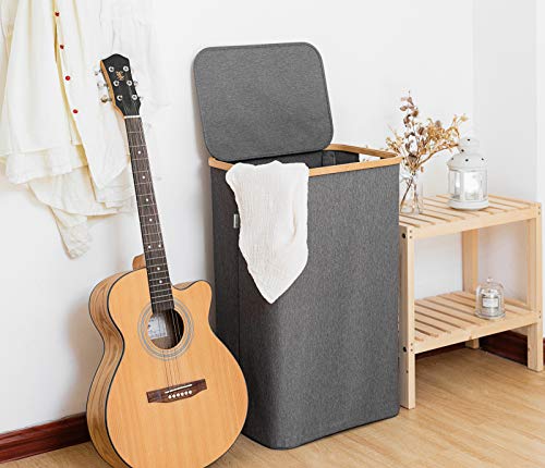 Lonbet® - Cesto Ropa Sucia con Tapa Gris - XXL 100 litros - Cubo Ropa Sucia Grande con Asas - Cesto para la Colada - Cesto Ropa Sucia de Bambú