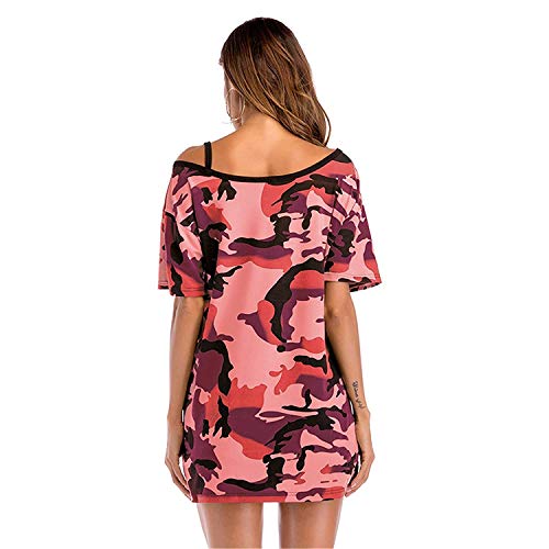 Longshirt Mujer Elegante Vestido Verano Manga Corta One Shoulder Cuello Redondo Camuflaje Vestidos Camiseros Casuales Fashion Vestido Camisero T-Shirt Vestido Niñas Ropa Mini Vestido