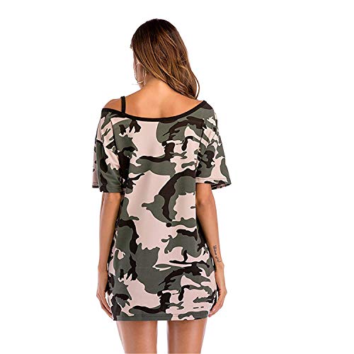 Longshirt Mujer Elegante Vestido Verano Manga Corta One Shoulder Cuello Redondo Camuflaje Vestidos Camiseros Mode De Marca Casuales Vestido Camisero T-Shirt Vestido Fashion Mini Vestido