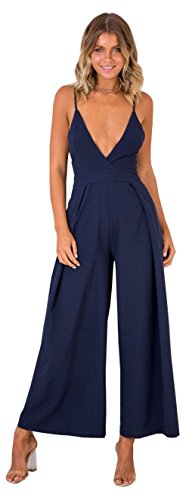 Longwu Casual de Mujer Mujeres Mono Jumpsuit Bodysuit Escotado por Detrás V-Cuello Club Pantalones Slim Skinny Noche Fiesta Elegante Playa Azul-S