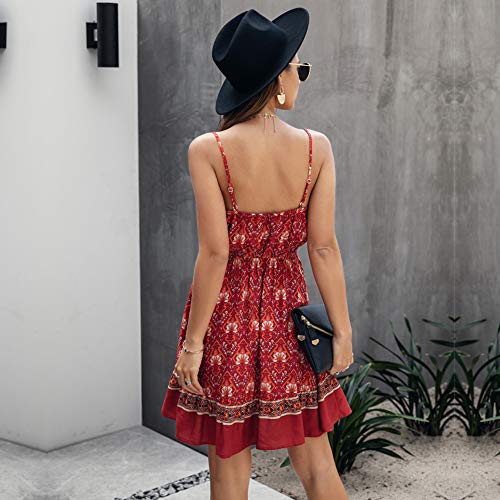 Longwu Mini Vestido de Playa sin Espalda con Cuello en V y Estampado de Flores con Estampado de Flores de Boho para Mujer Vino Rojo-L