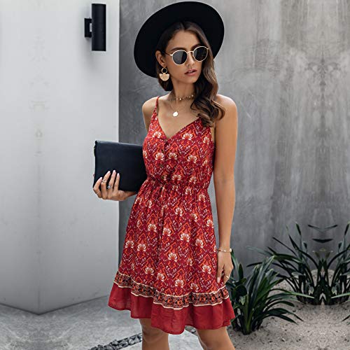 Longwu Mini Vestido de Playa sin Espalda con Cuello en V y Estampado de Flores con Estampado de Flores de Boho para Mujer Vino Rojo-L