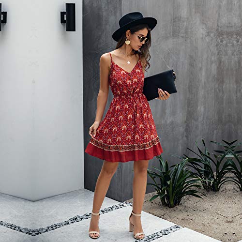 Longwu Mini Vestido de Playa sin Espalda con Cuello en V y Estampado de Flores con Estampado de Flores de Boho para Mujer Vino Rojo-L