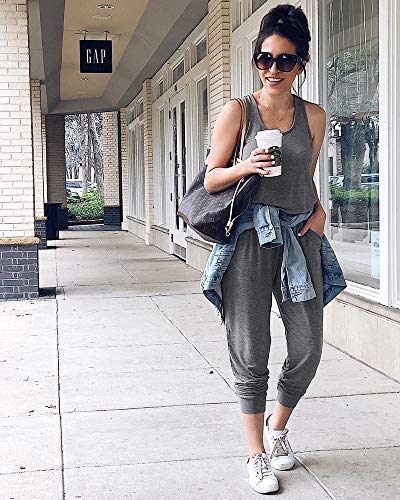 Longwu Mujer Casual Suelto Sin Mangas Mono Cordón de Cintura Mamelucos en General con Bolsillos Gris-L