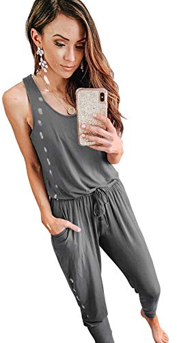 Longwu Mujer Casual Suelto Sin Mangas Mono Cordón de Cintura Mamelucos en General con Bolsillos Gris-L