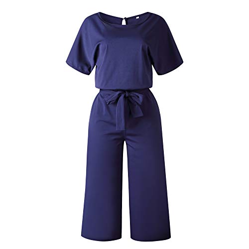 Longwu Mujeres Casual Elegante Cintura Alta Mono de Manga Corta Pantalones de Pierna Ancha Ocasionales Mamelucos Sueltos con cinturón Azul Oscuro-XL