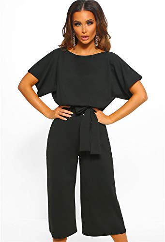 Longwu Mujeres Casual Elegante Cintura Alta Mono de Manga Corta Pantalones de Pierna Ancha Ocasionales Mamelucos Sueltos con cinturón Negro-XL