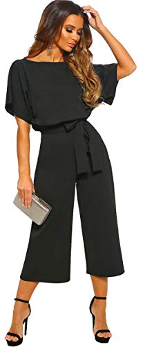 Longwu Mujeres Casual Elegante Cintura Alta Mono de Manga Corta Pantalones de Pierna Ancha Ocasionales Mamelucos Sueltos con cinturón Negro-XL