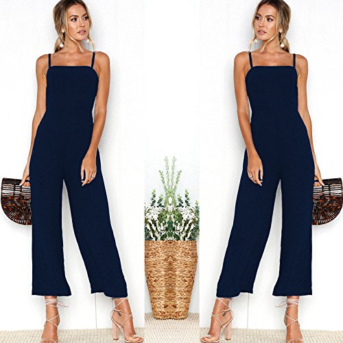 Longwu Mujeres sin Tirantes de la Correa de Espagueti Jumpsuit Moda de Pierna Ancha Pantalones de Cintura Alta Rompers Azul Oscuro-S