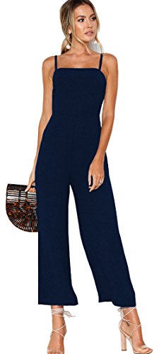 Longwu Mujeres sin Tirantes de la Correa de Espagueti Jumpsuit Moda de Pierna Ancha Pantalones de Cintura Alta Rompers Azul Oscuro-S
