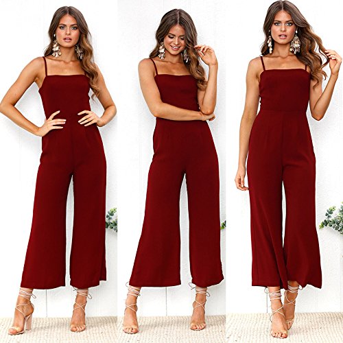 Longwu Mujeres sin Tirantes de la Correa de Espagueti Jumpsuit Moda de Pierna Ancha Pantalones de Cintura Alta Rompers Vino Rojo-M