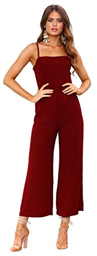 Longwu Mujeres sin Tirantes de la Correa de Espagueti Jumpsuit Moda de Pierna Ancha Pantalones de Cintura Alta Rompers Vino Rojo-M