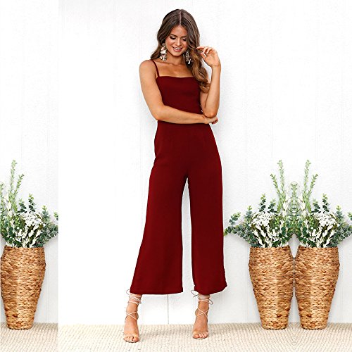 Longwu Mujeres sin Tirantes de la Correa de Espagueti Jumpsuit Moda de Pierna Ancha Pantalones de Cintura Alta Rompers Vino Rojo-M