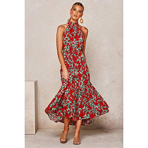 Longwu Vestido Largo Estampado Floral sin Mangas con Cuello Halter sin Mangas para Mujer Vestido Largo Plisado con cinturón Rojo-M