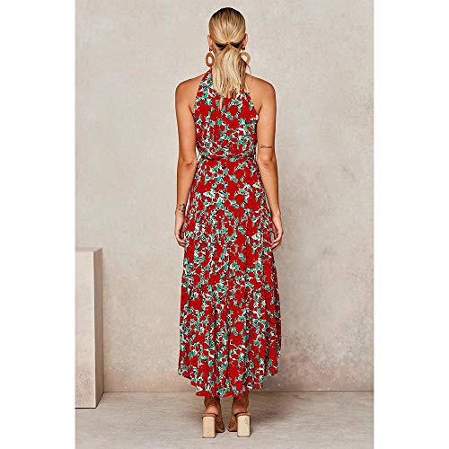Longwu Vestido Largo Estampado Floral sin Mangas con Cuello Halter sin Mangas para Mujer Vestido Largo Plisado con cinturón Rojo-M