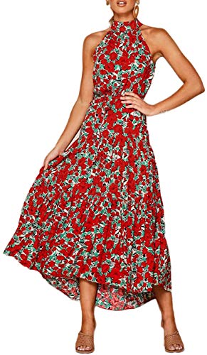 Longwu Vestido Largo Estampado Floral sin Mangas con Cuello Halter sin Mangas para Mujer Vestido Largo Plisado con cinturón Rojo-M