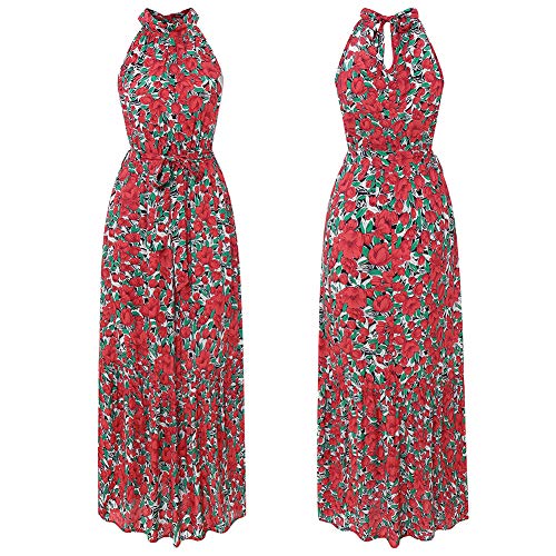 Longwu Vestido Largo Estampado Floral sin Mangas con Cuello Halter sin Mangas para Mujer Vestido Largo Plisado con cinturón Rojo-M