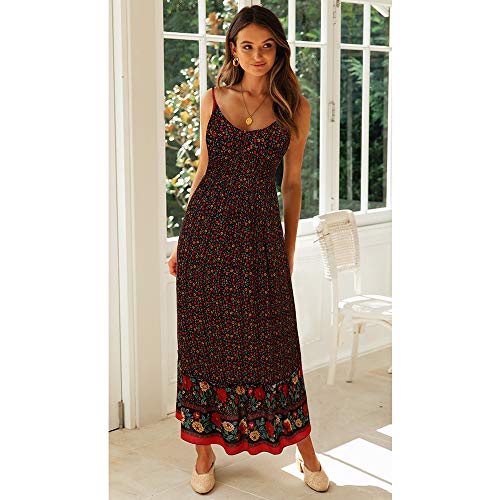 Longwu Vestido Maxi de Verano con Cuello en V Floral Sexy Boho de Las Mujeres Correa de Espagueti Ajustable sin Respaldo Cintura elástica Vestido de Verano Negro-L