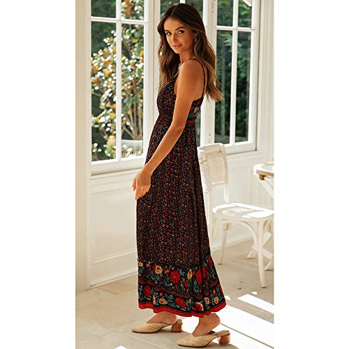 Longwu Vestido Maxi de Verano con Cuello en V Floral Sexy Boho de Las Mujeres Correa de Espagueti Ajustable sin Respaldo Cintura elástica Vestido de Verano Negro-L