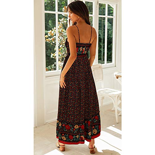 Longwu Vestido Maxi de Verano con Cuello en V Floral Sexy Boho de Las Mujeres Correa de Espagueti Ajustable sin Respaldo Cintura elástica Vestido de Verano Negro-L