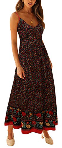 Longwu Vestido Maxi de Verano con Cuello en V Floral Sexy Boho de Las Mujeres Correa de Espagueti Ajustable sin Respaldo Cintura elástica Vestido de Verano Negro-L