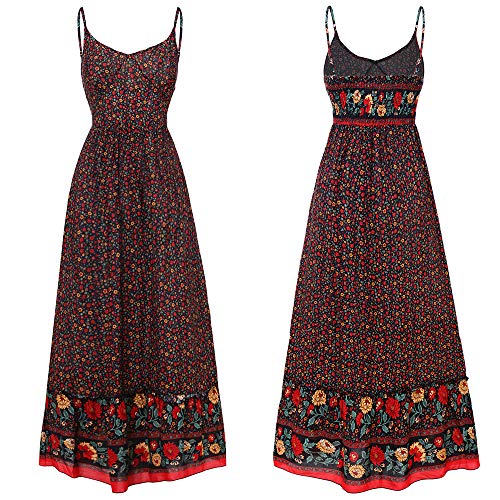 Longwu Vestido Maxi de Verano con Cuello en V Floral Sexy Boho de Las Mujeres Correa de Espagueti Ajustable sin Respaldo Cintura elástica Vestido de Verano Rojo-S