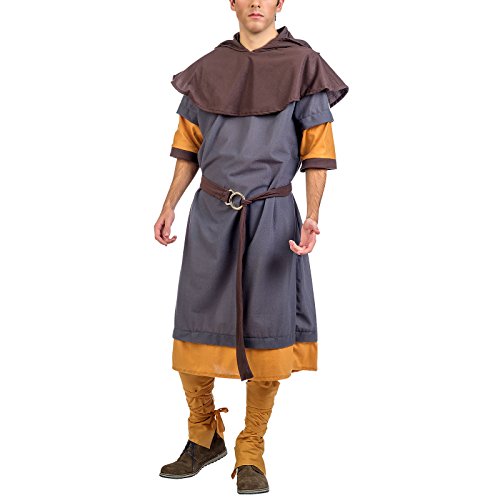 Los Hombres Medievales Caballero Traje de 3 Piezas. Túnica con puños de la Correa de la Capucha Gris Amarillo - M