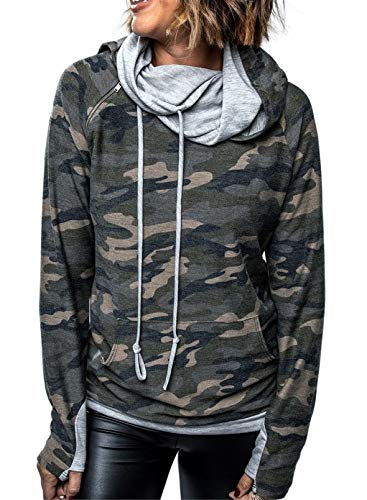 LOSRLY - Sudadera de manga larga con cierre de cremallera para mujer, informal, con estampado de camuflaje, con bolsillo canguro, camiseta deportiva