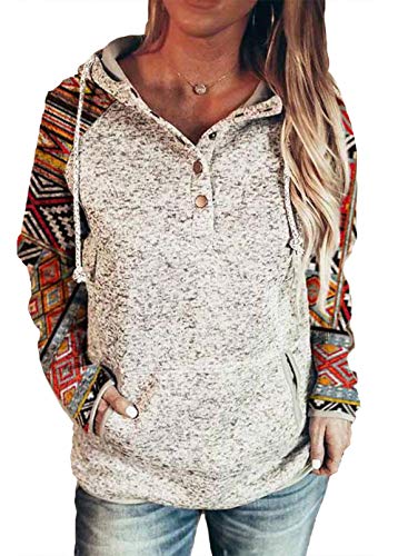 LOSRLY Sudadera de manga larga con estampado étnico para mujer, estilo casual, con cordón, con bolsillo canguro, para mujer