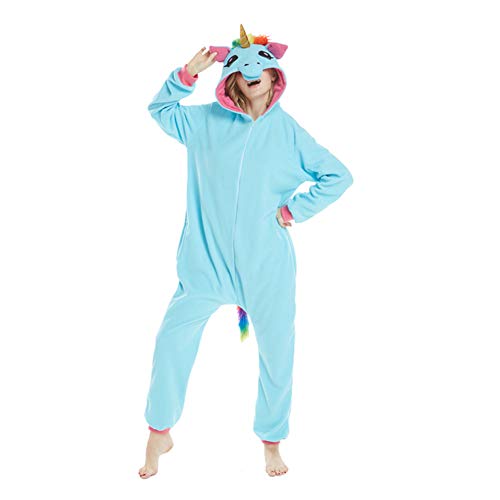 LSERVER Ropa de Dormir Disfraz de Cosplay para Adultos Traje de Unisexo Pijama de Forro Polar de Otoño e Invierno Estilo de Animales, Caballo Azul, S