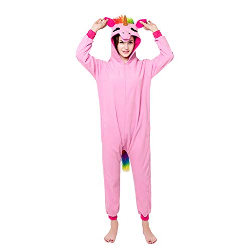 LSERVER Ropa de Dormir Disfraz de Cosplay para Adultos Traje de Unisexo Pijama de Forro Polar de Otoño e Invierno Estilo de Animales, Caballo Rosa(Cremallera), S