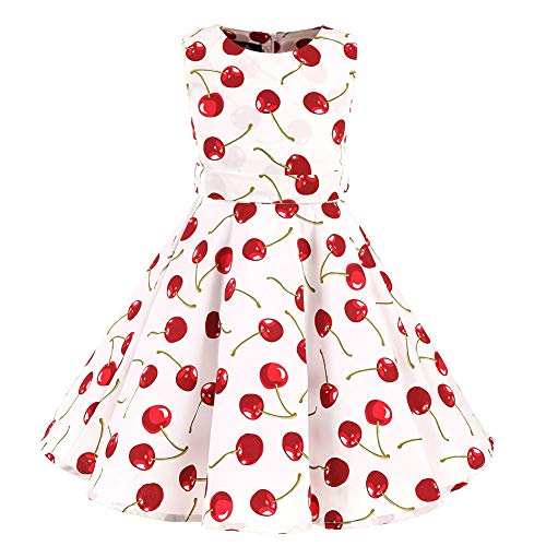 LSHEL Vestido de Noche con Estampado Vintage para niñas de los años 50 Estilo Vestido Rockabilly Vestido Plisado Retro, Blanco con Cereza, 5-6 años de Edad