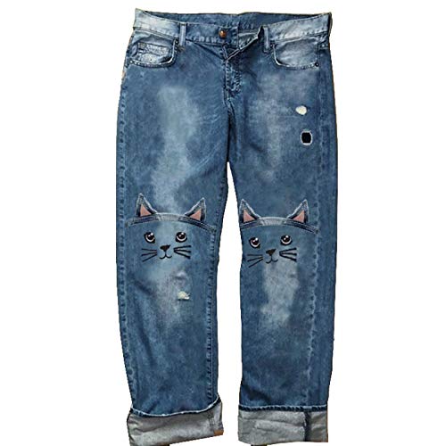 Luandge Pantalones Vaqueros de Pierna Recta Desgastados Bordados a Media Cintura para Mujer Pantalones de Mezclilla relajados elásticos de Moda Casual con Agujeros L