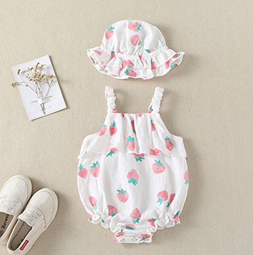 Luckycat Body Infantil para bebés recién Nacidos con Volantes Mamelucos sin Mangas Mono Trajes Ropa Bebe Peleles Patrón de Fresa Monos + Sombrero para Recien Nacido Niña Niño 0-18 Meses Ropa Verano