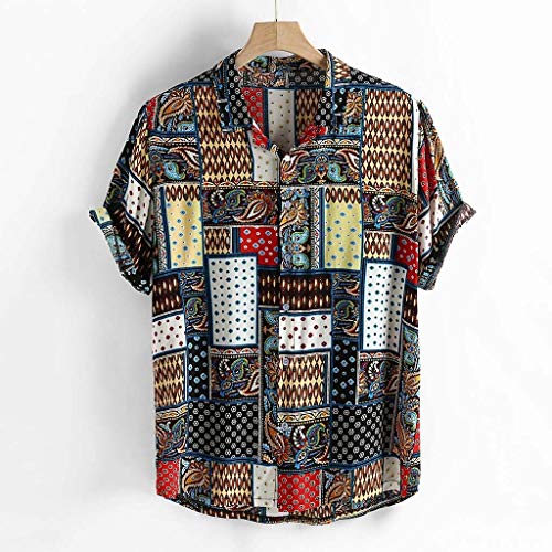 Luckycat Camisa de Lino Hombre Funky Camisa Hawaiana Señores Manga Corta Bolsillo Delantero Impresión de Hawaii Playa
