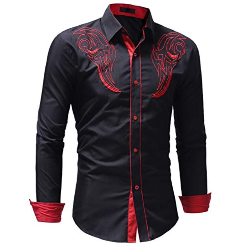 Luckycat Camisas Casual Hombre Camisa de Hombre Manga Larga Negocio Ajustado Botón Formal Retro Bordado Impresión Blusa Tops Camiseta para Hombre Camisa Slim Fit Business