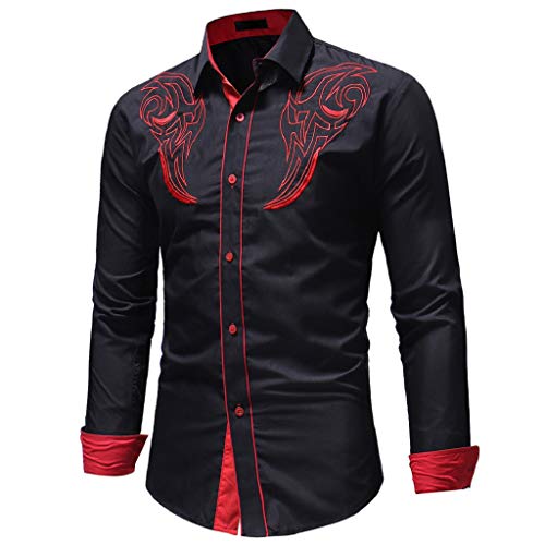 Luckycat Camisas Casual Hombre Camisa de Hombre Manga Larga Negocio Ajustado Botón Formal Retro Bordado Impresión Blusa Tops Camiseta para Hombre Camisa Slim Fit Business