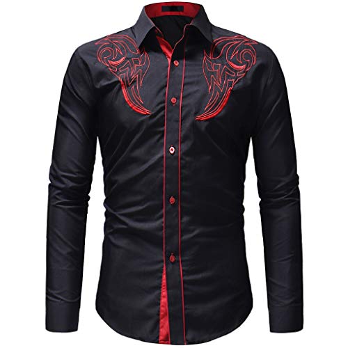 Luckycat Camisas Casual Hombre Camisa de Hombre Manga Larga Negocio Ajustado Botón Formal Retro Bordado Impresión Blusa Tops Camiseta para Hombre Camisa Slim Fit Business