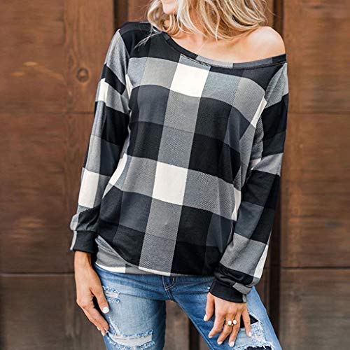 Luckycat Cuadros Impresión Blusas Mujer Tallas Grandes Manga Larga Casual Elegantes Ofertas Camisetas Mujer Basica Pull-Over Sudaderas Ajuste Flojo Sin Tirante Tops Mujer