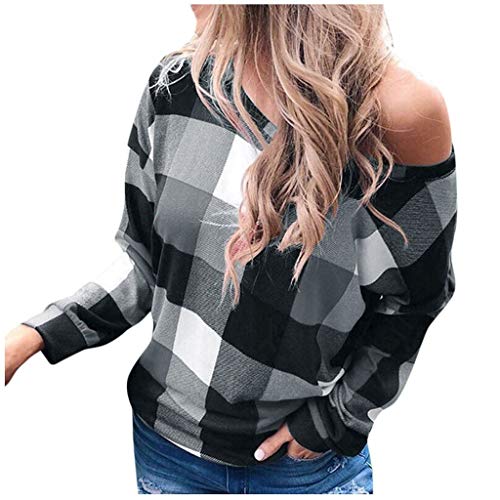 Luckycat Cuadros Impresión Blusas Mujer Tallas Grandes Manga Larga Casual Elegantes Ofertas Camisetas Mujer Basica Pull-Over Sudaderas Ajuste Flojo Sin Tirante Tops Mujer