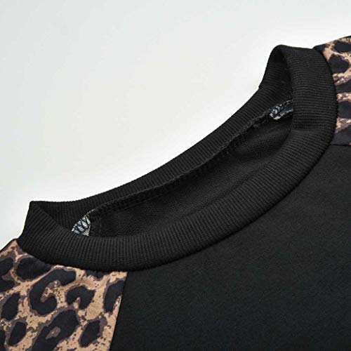 Luckycat Manga Larga para Mujer Leopardo Empalme O Cuello Sudadera Informal Top Blusa Pullover