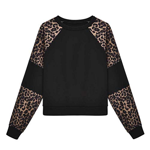 Luckycat Manga Larga para Mujer Leopardo Empalme O Cuello Sudadera Informal Top Blusa Pullover