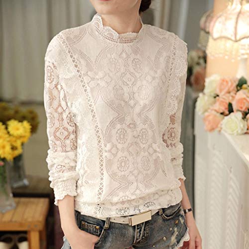 Luckycat Moda Mujer Gasa Color sólido de Manga Larga O Cuello Sexy Encaje Tops Casuales Blusa Camiseta