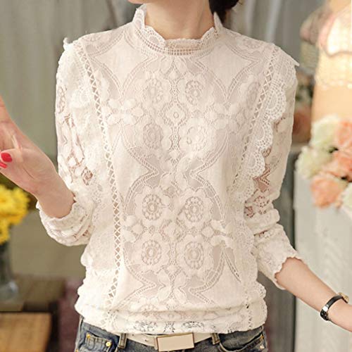 Luckycat Moda Mujer Gasa Color sólido de Manga Larga O Cuello Sexy Encaje Tops Casuales Blusa Camiseta
