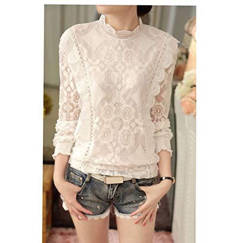 Luckycat Moda Mujer Gasa Color sólido de Manga Larga O Cuello Sexy Encaje Tops Casuales Blusa Camiseta