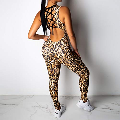 Luckycat Mono Yoga Mujer Peto Tirantes Sin Espalda con Bolsillos Body sin Mangas para Mujer Diseño Estampado De Leopardo Sexy Mujer Body sin Mangas